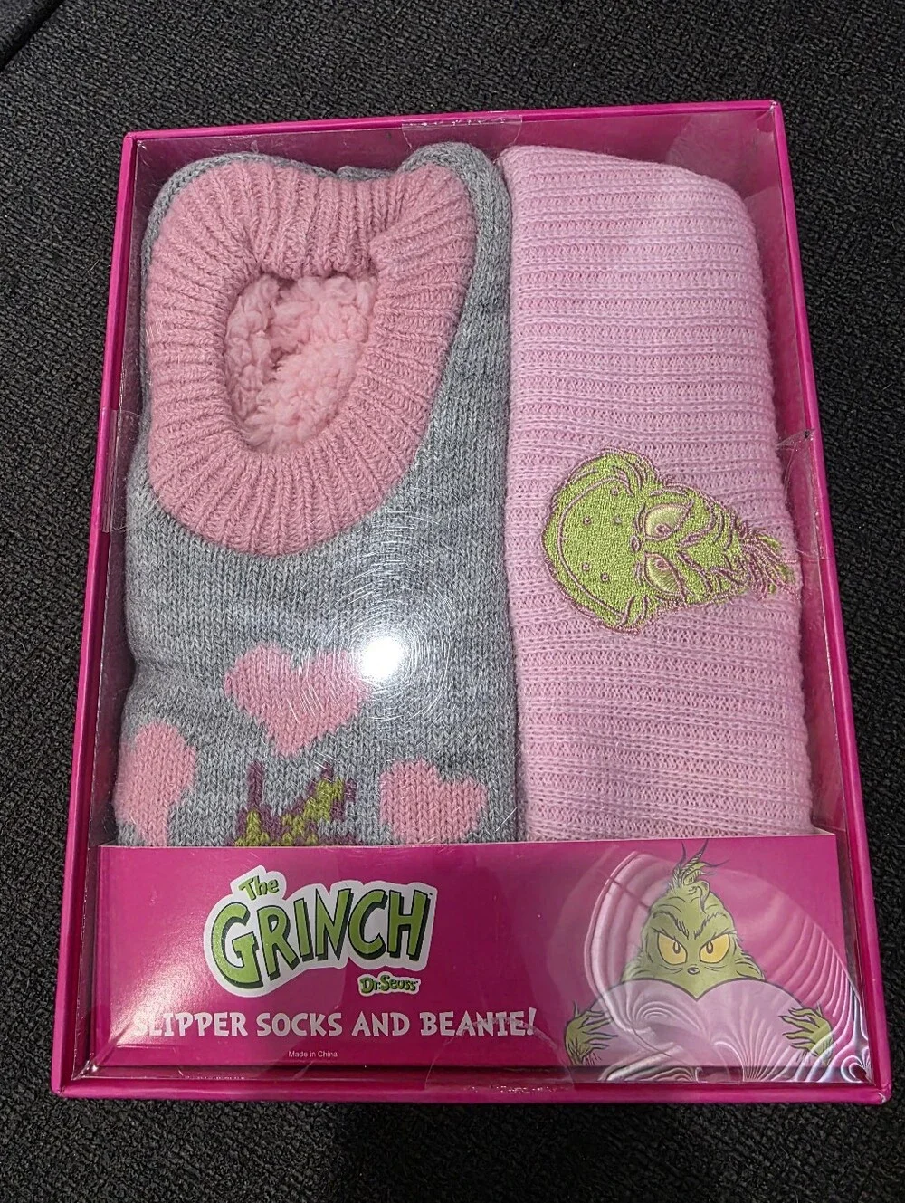 The Grinch Pink & Gray Slipper Socks and Beanie Set